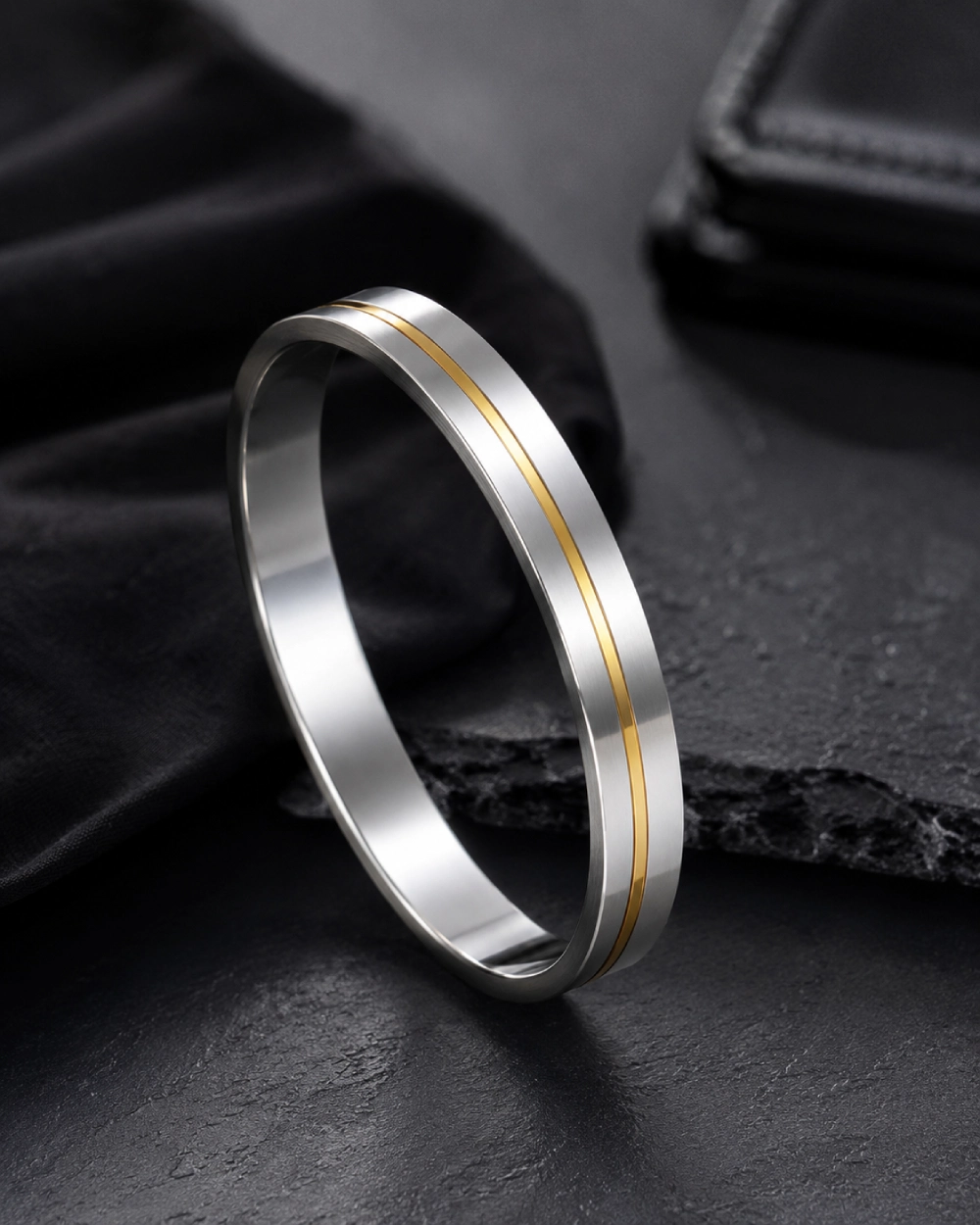 Dual Tone Silver Kada for Men with Gold Center Line | Premium Minimalist Bangle